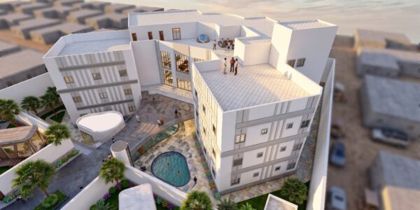 زاوية مرتفعة توضح تصميم الأسطح والتراسات العلوية في الفوزان السياحي